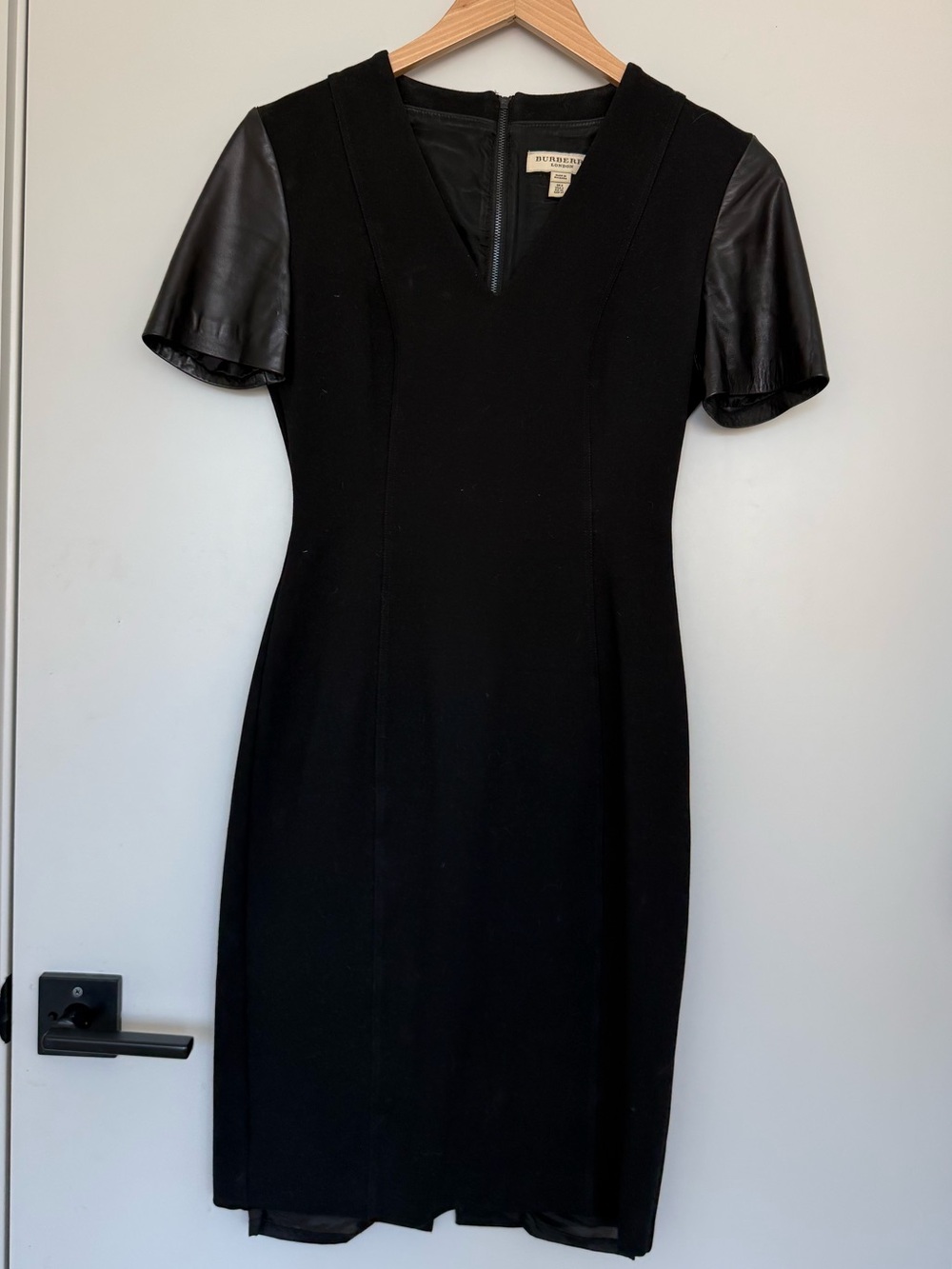 Burberry Fitted Black Dress with Faux Leather Short Sleeves